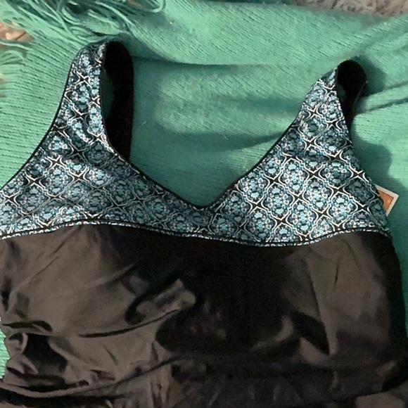Black and Aqua Blue Patterned Women's One Piece Swimsuit - Picture 1 of 5